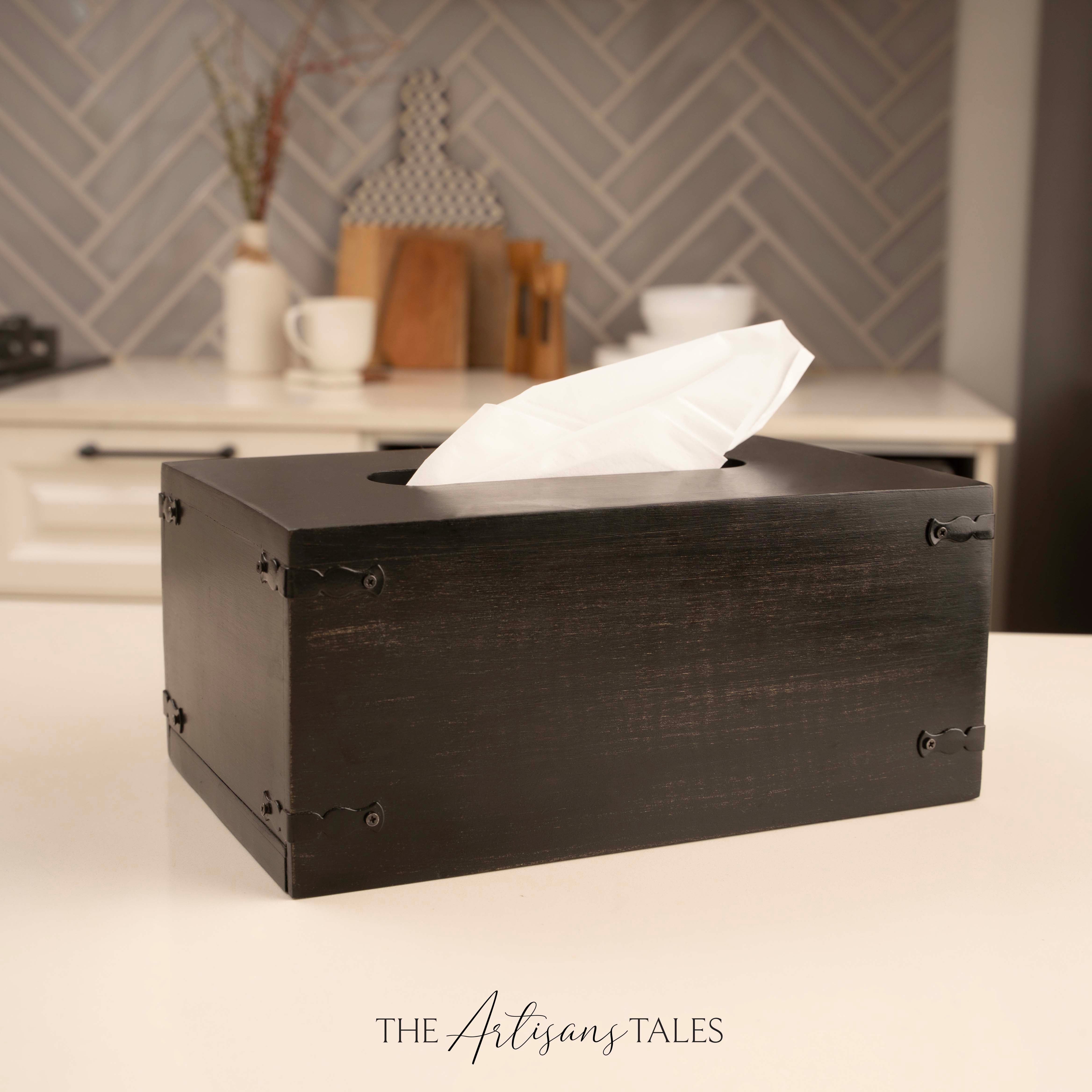 Wooden tissue box on a kitchen counter