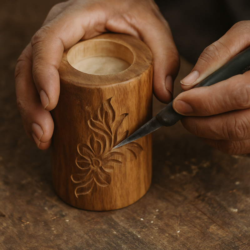 Hand carving a floral design into a wooden candle holder.