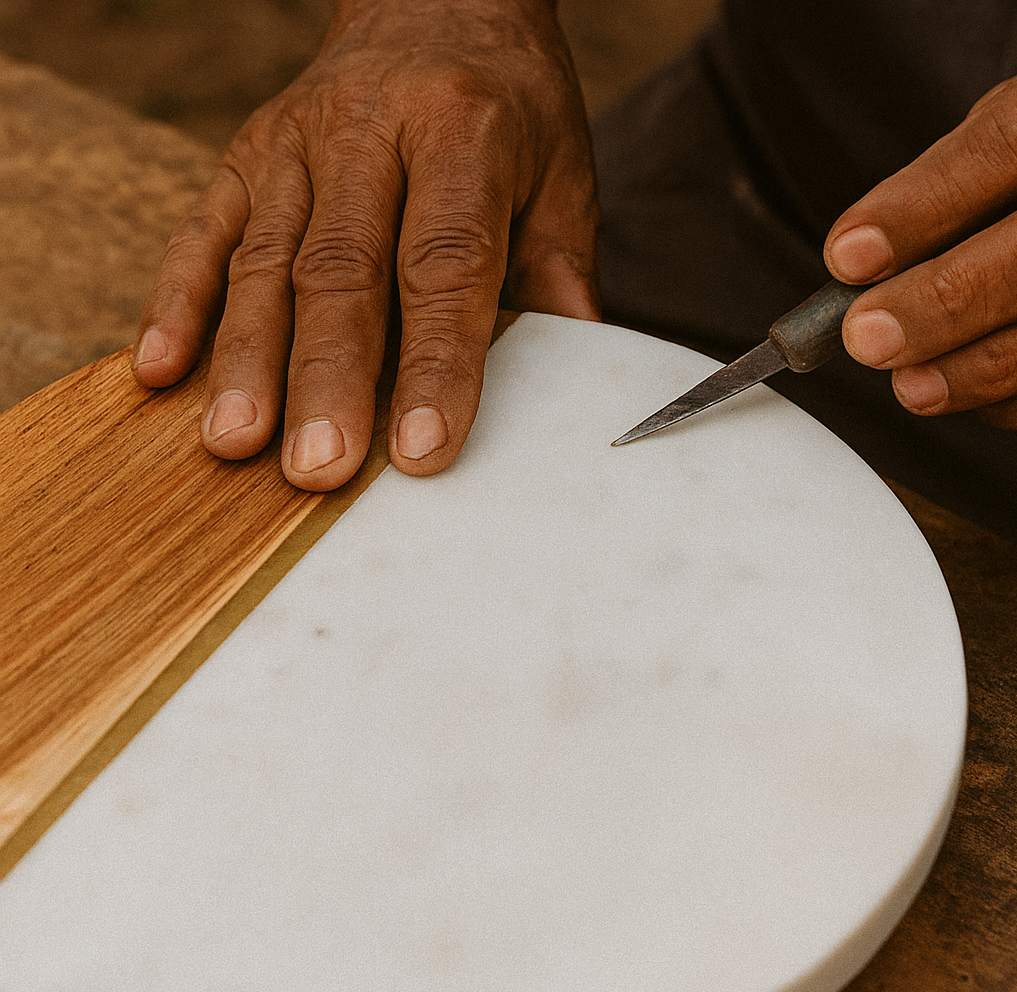 Crafting a marble and acacia wood serving board by hand.
