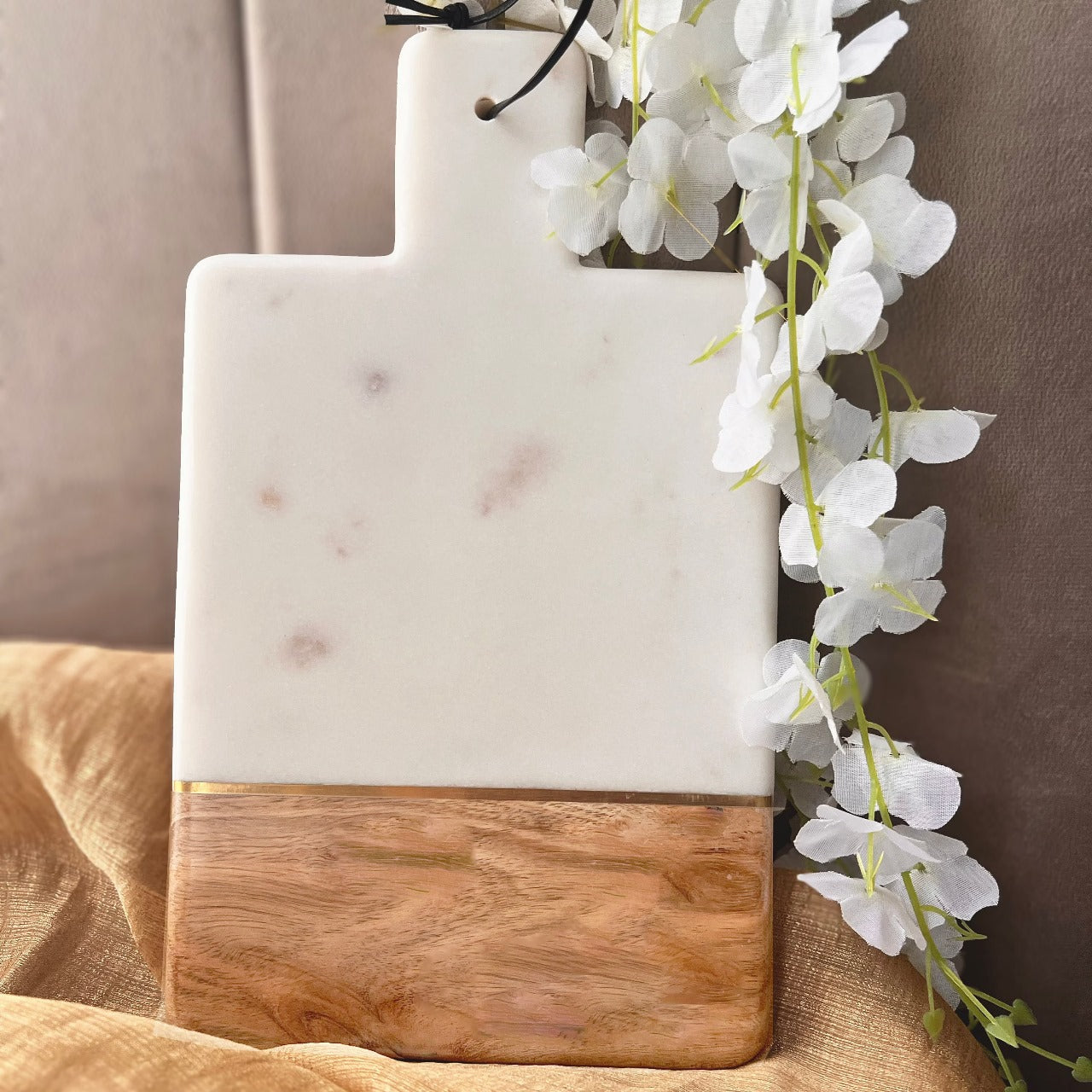 Marble paddle cheese board with wood handle for custom engraving