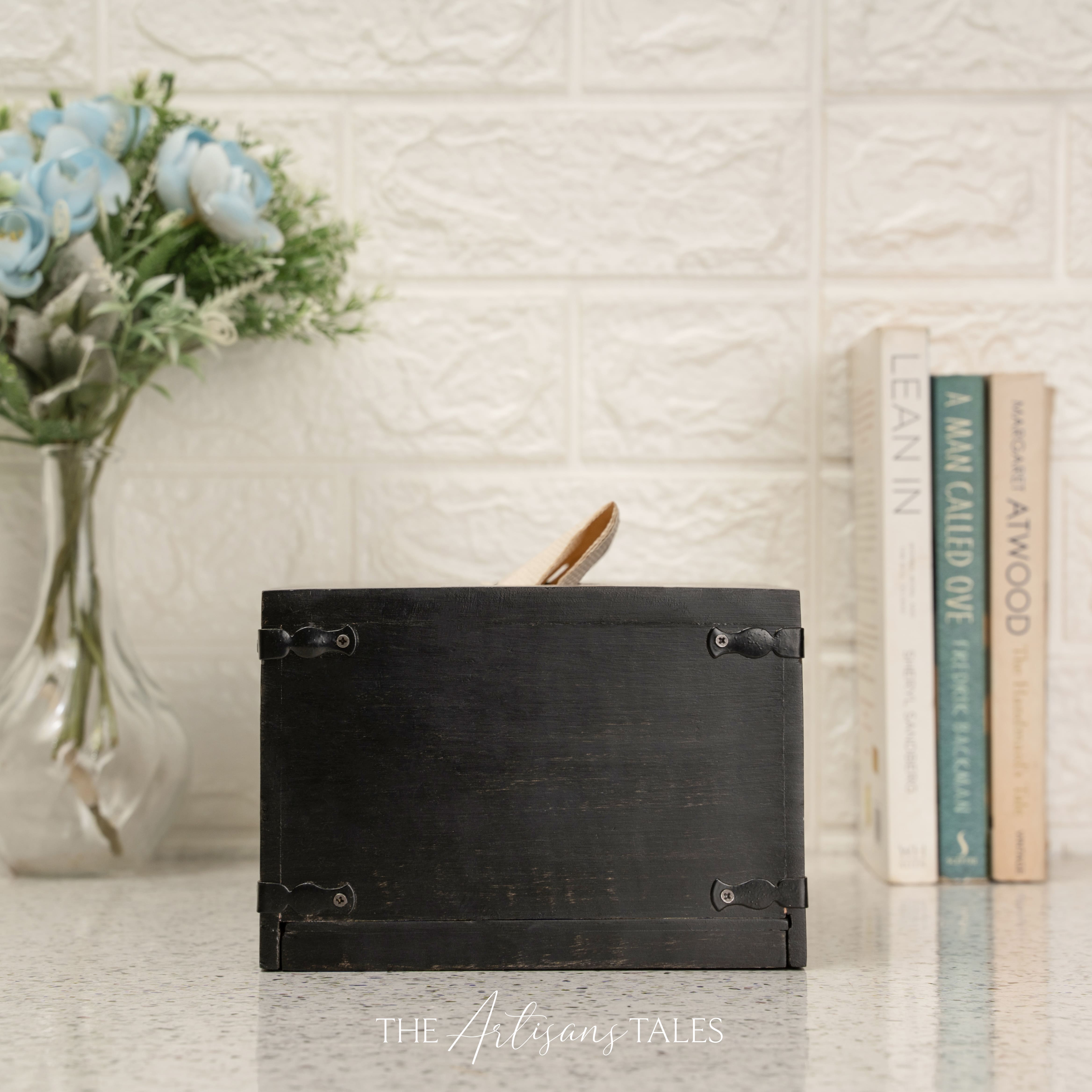 Dark wood tissue holder decor
