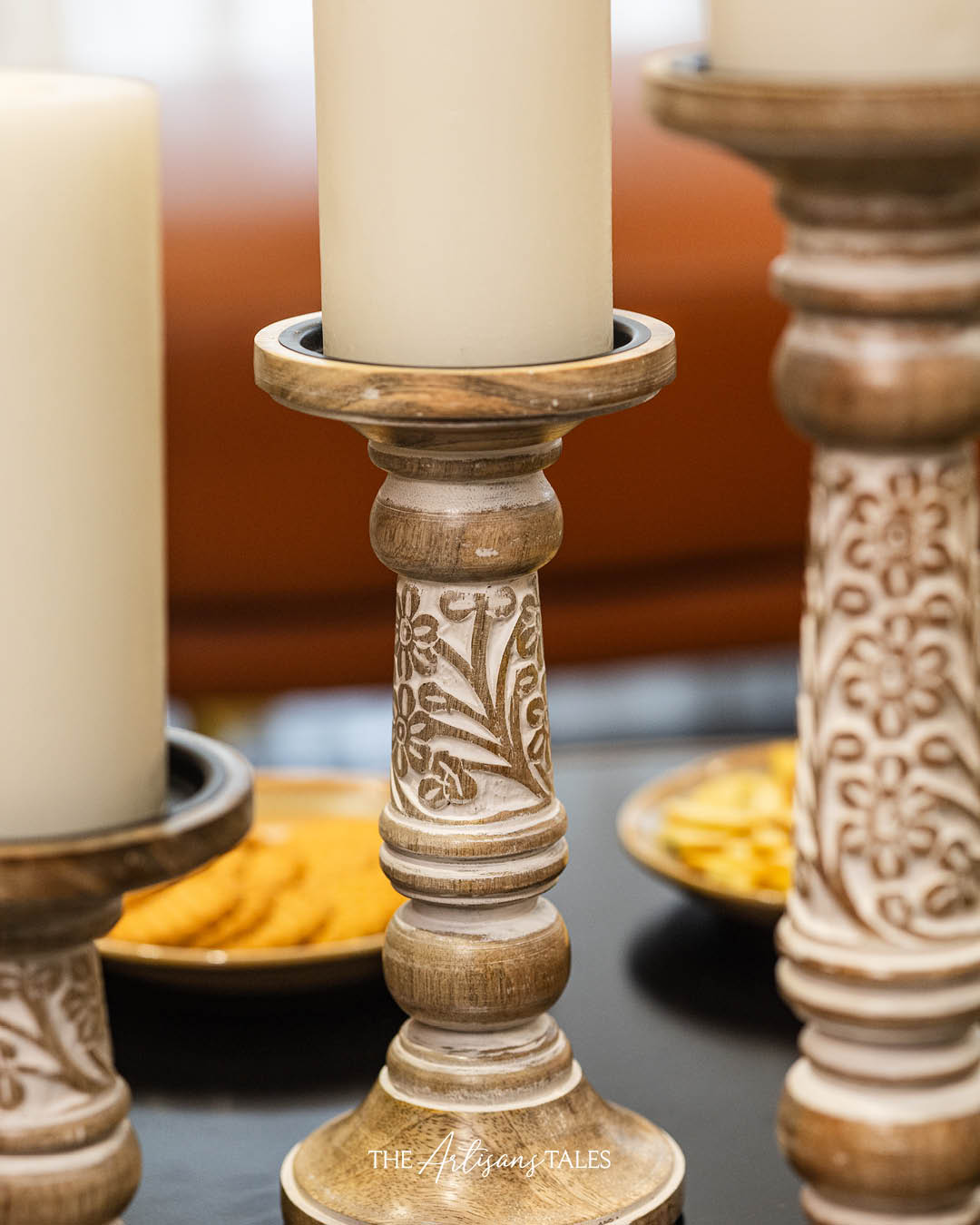 handcrafted wooden candle stand set