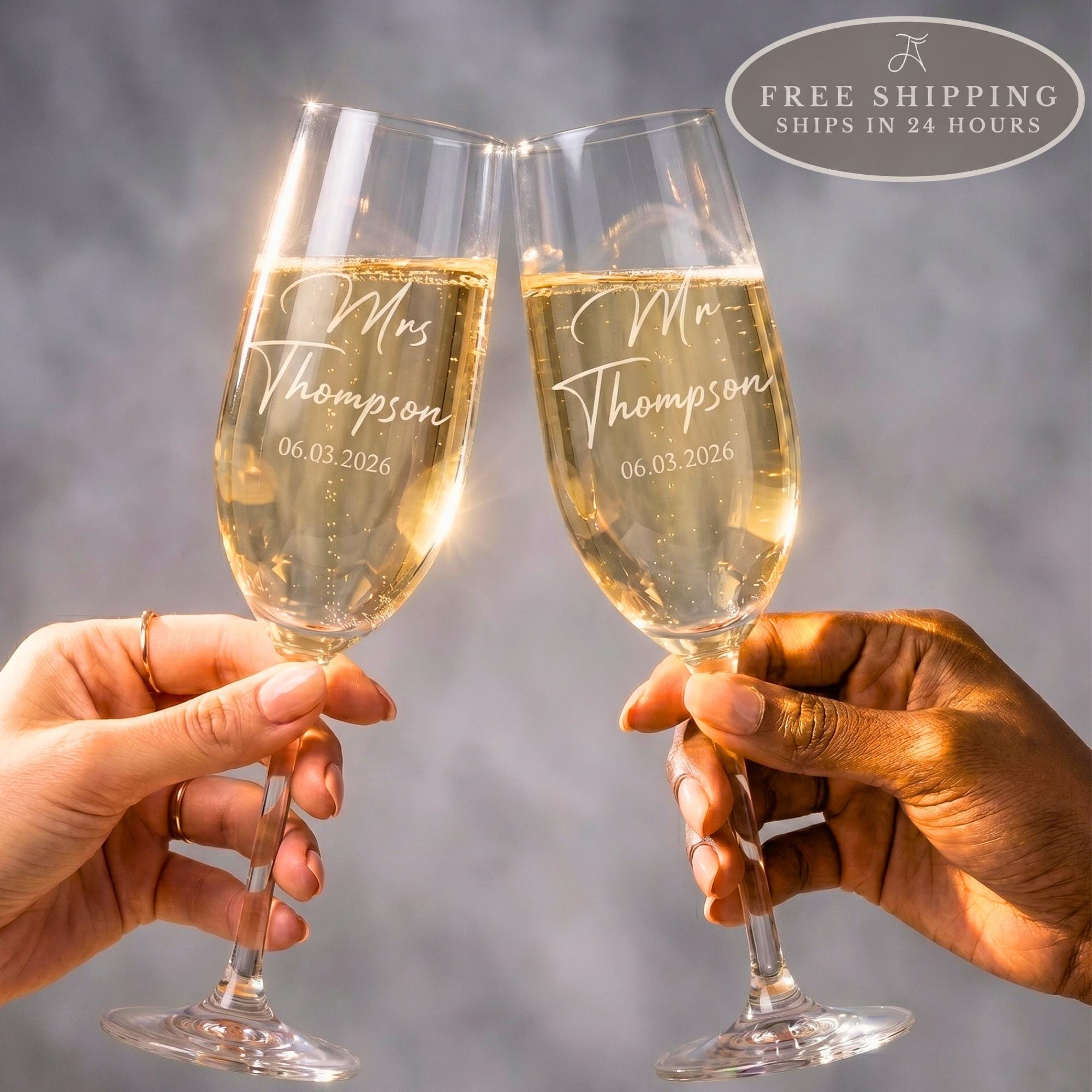 Personalized Champagne Flutes Set of 2: Bride & Groom Wedding Glasses, Engagement Gift