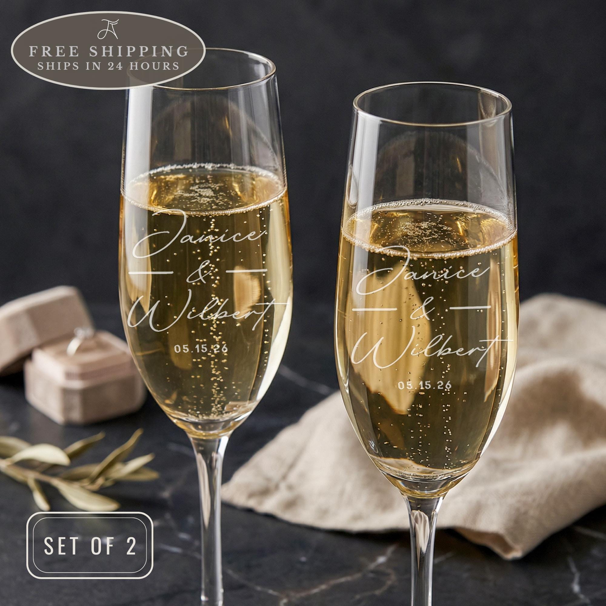 Personalized Champagne Flutes Set of 2: Bride & Groom Wedding Glasses, Engagement Gift