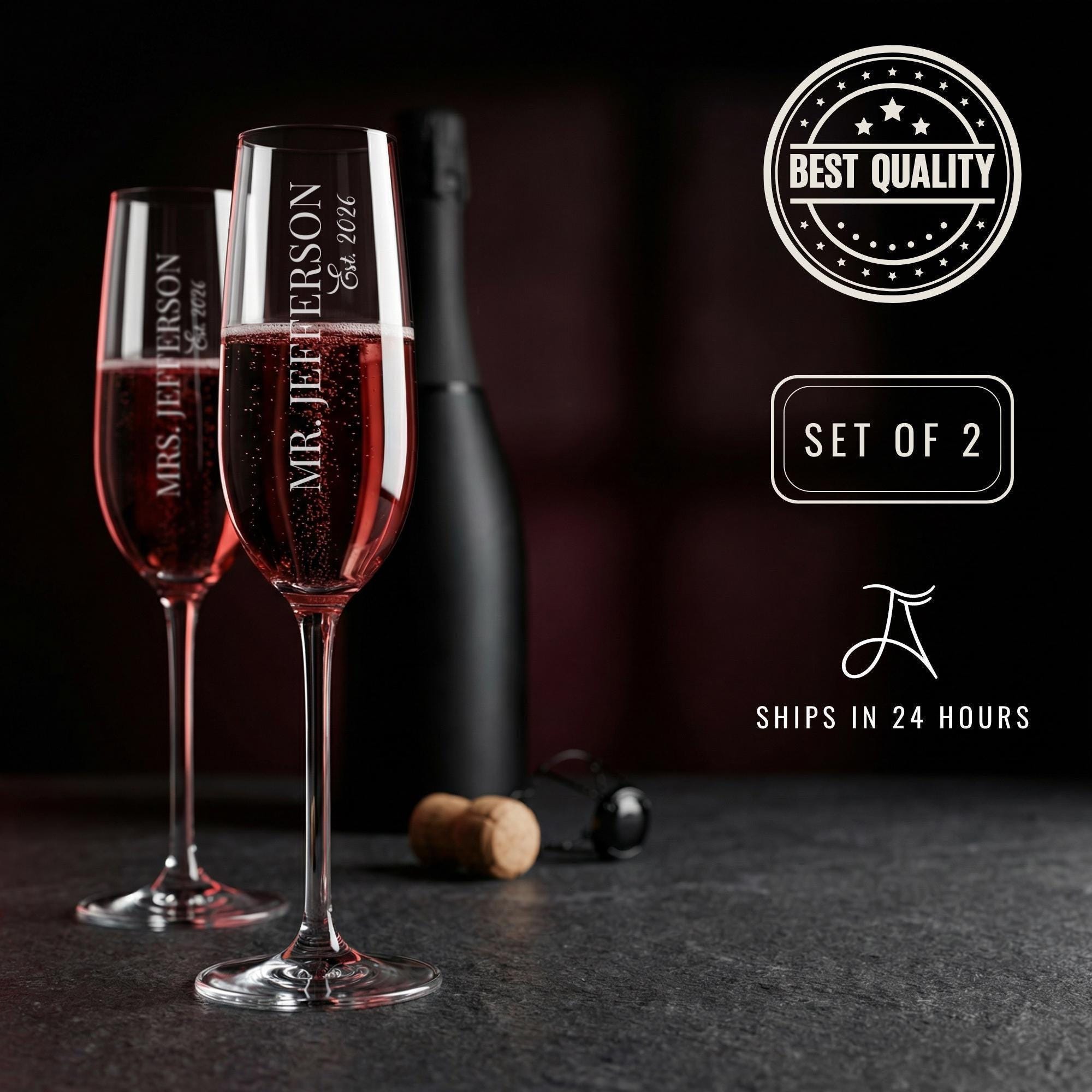 Personalized Champagne Flutes Set of 2: Bride & Groom Wedding Glasses, Engagement Gift