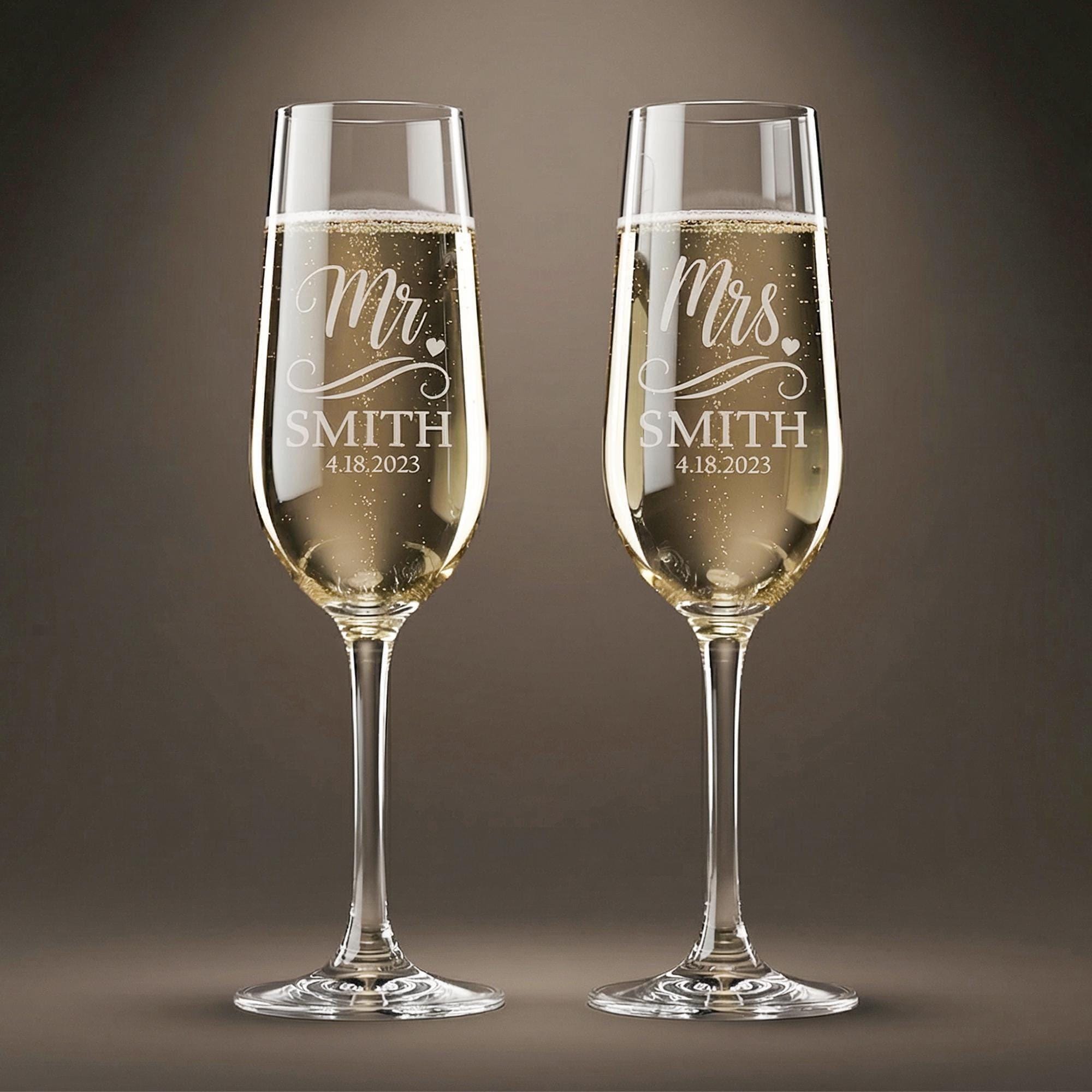 Personalized Champagne Flutes Set of 2: Bride & Groom Wedding Glasses, Engagement Gift