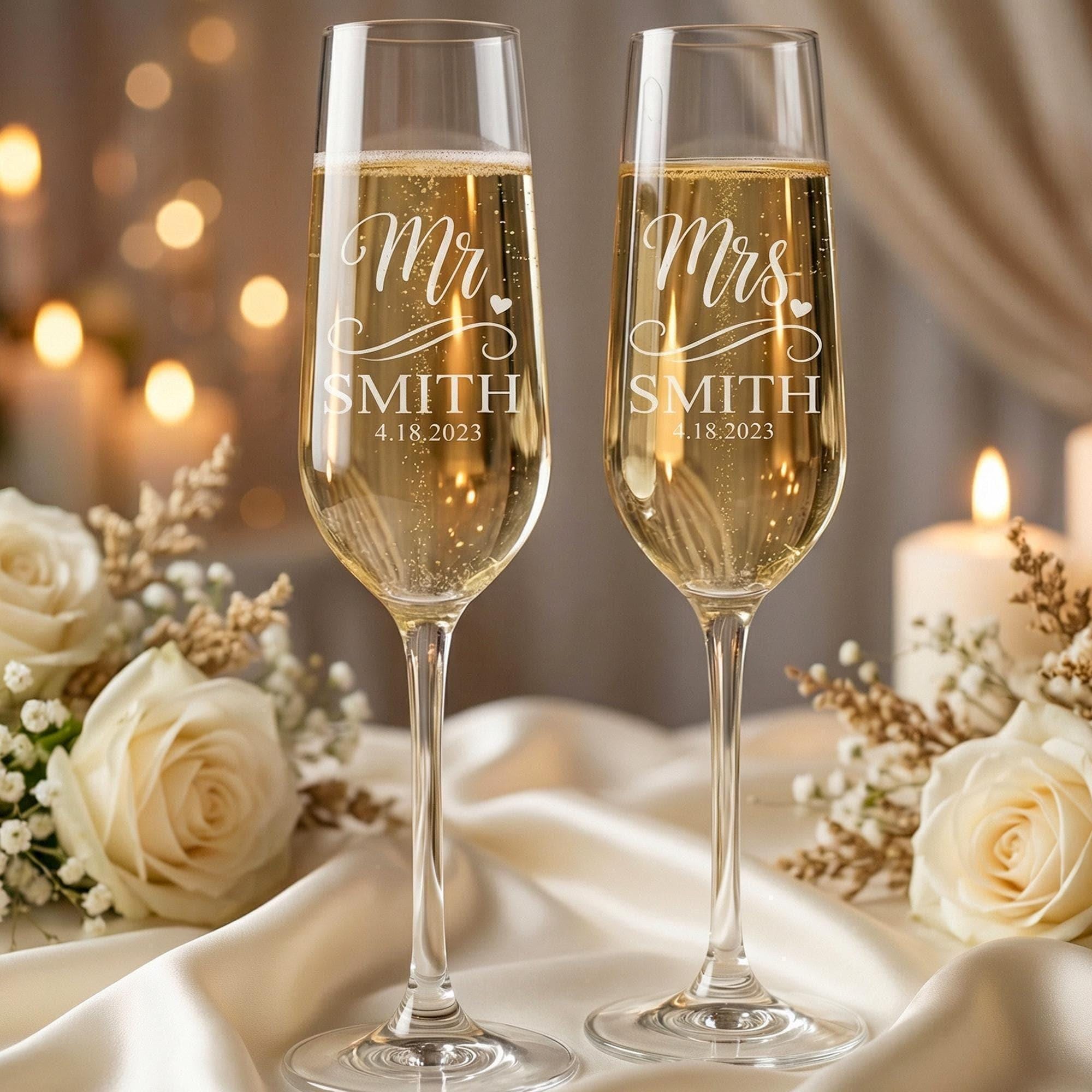 Personalized Champagne Flutes Set of 2: Bride & Groom Wedding Glasses, Engagement Gift