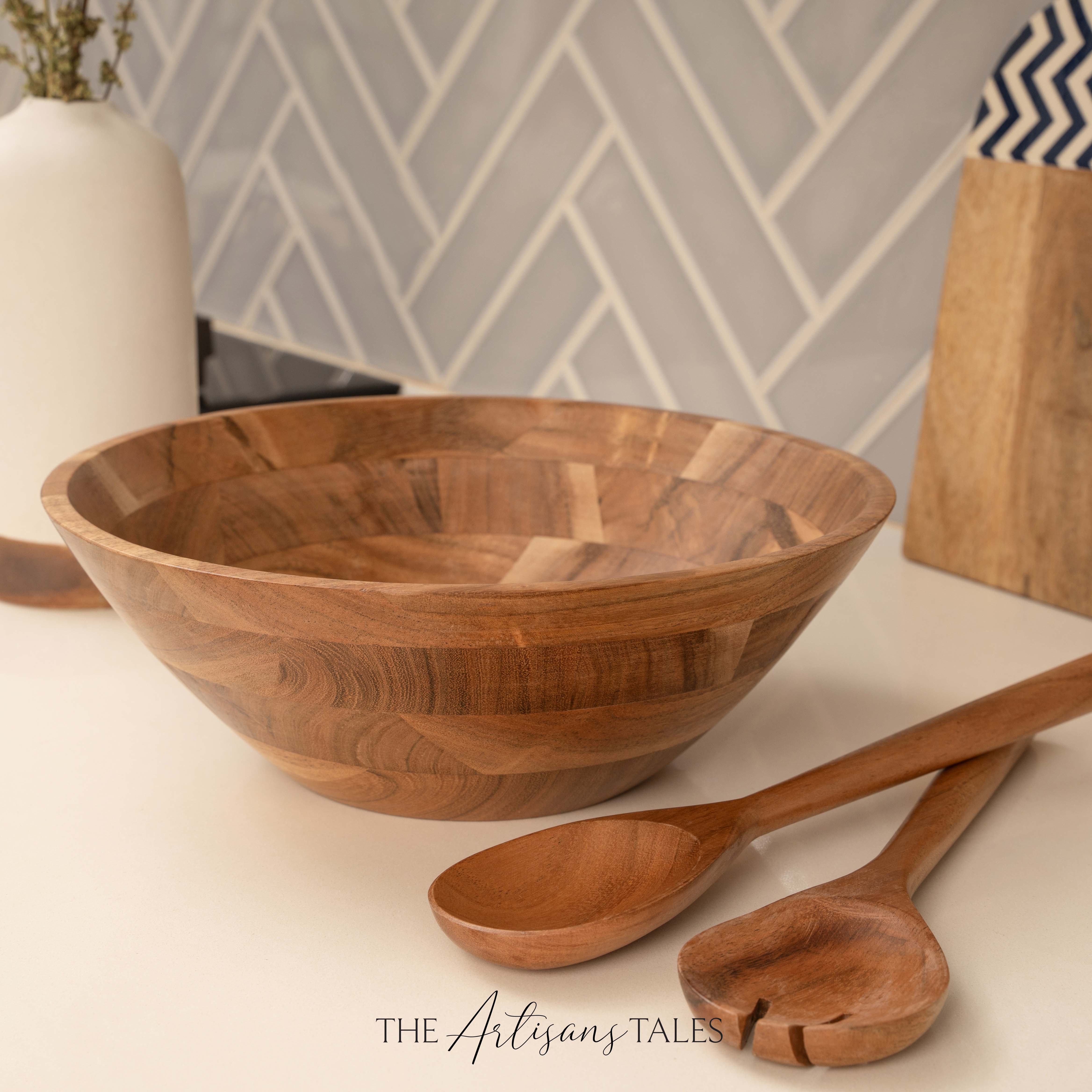 Large wood salad bowl set