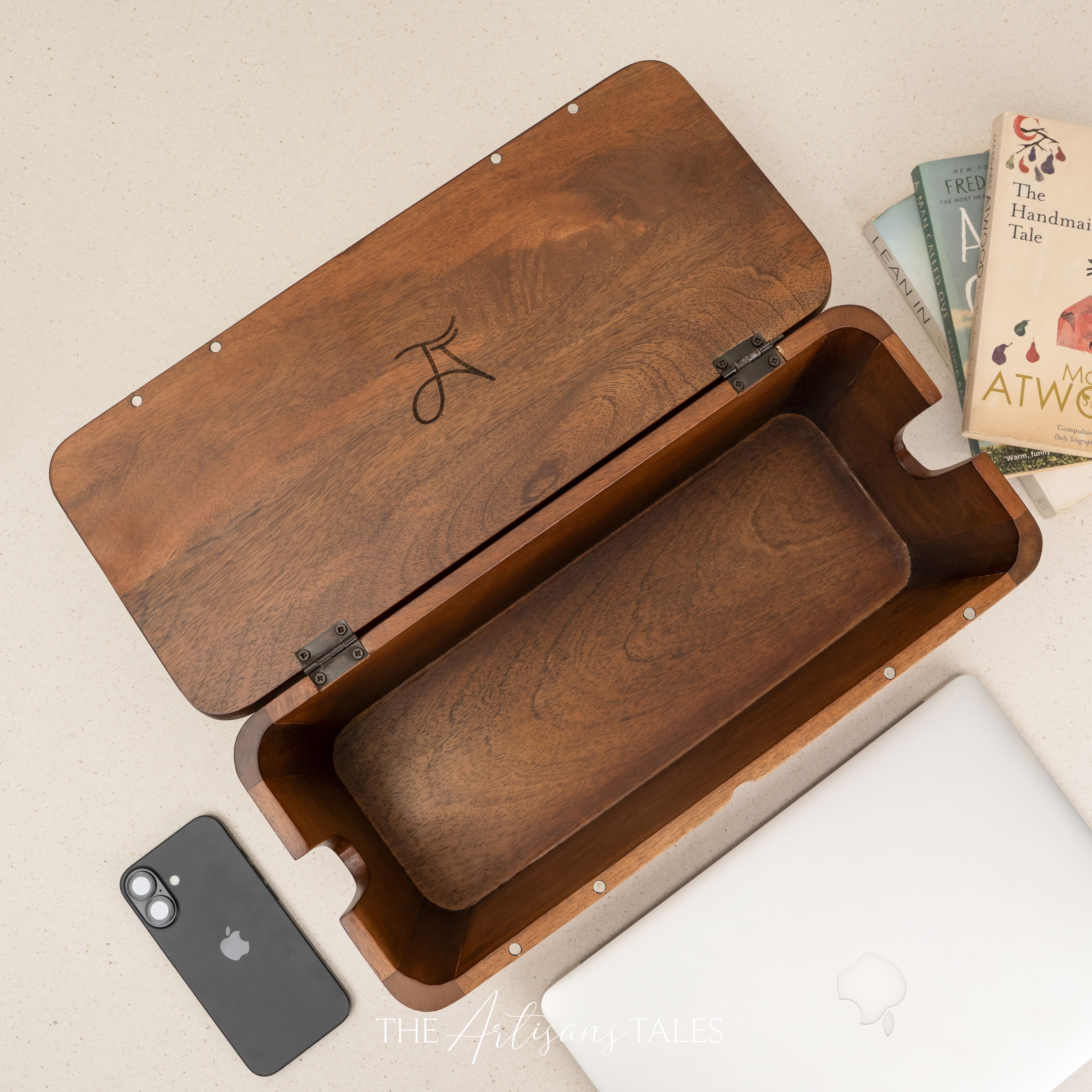 Open wooden storage box