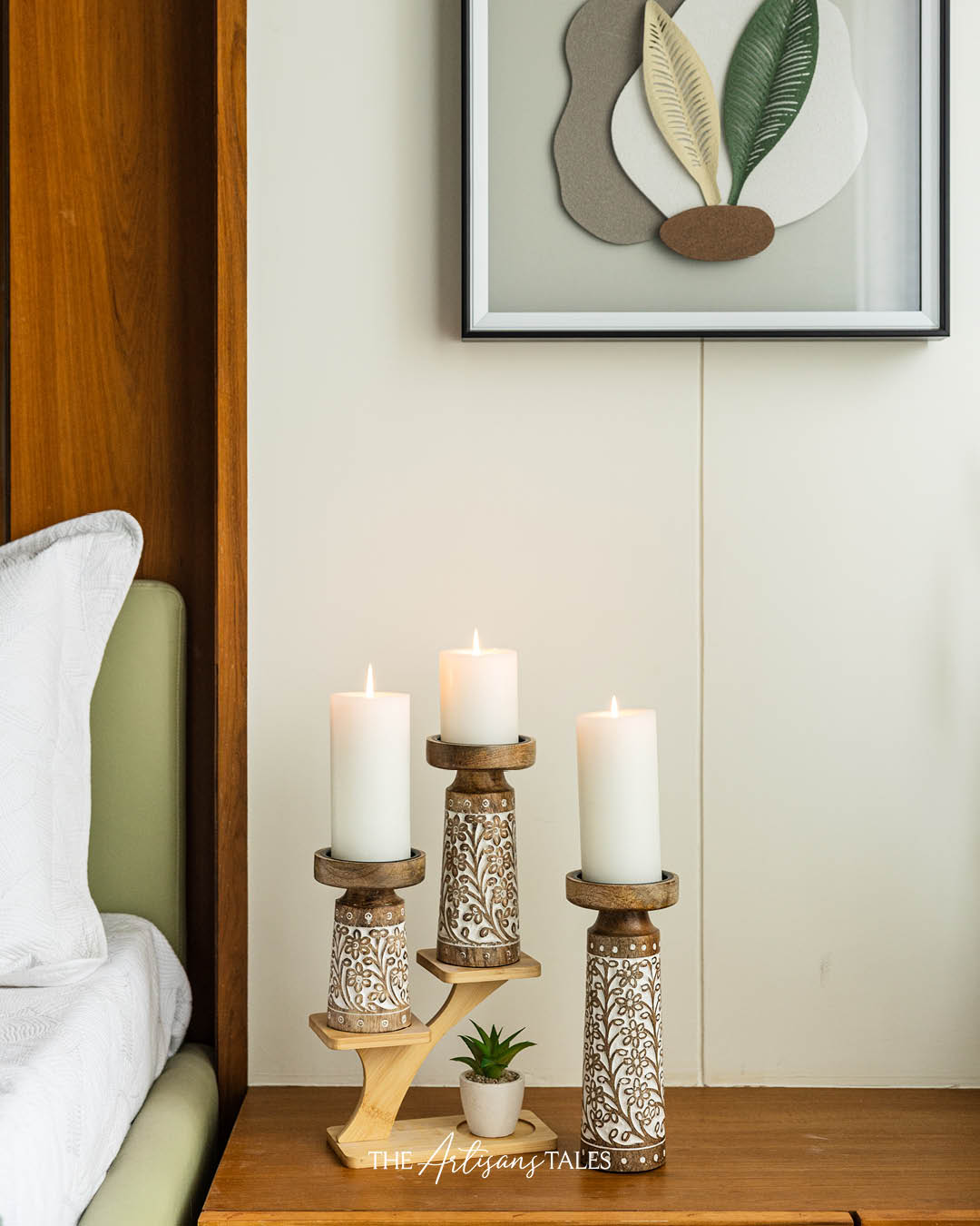 ustic carved wooden candle holders