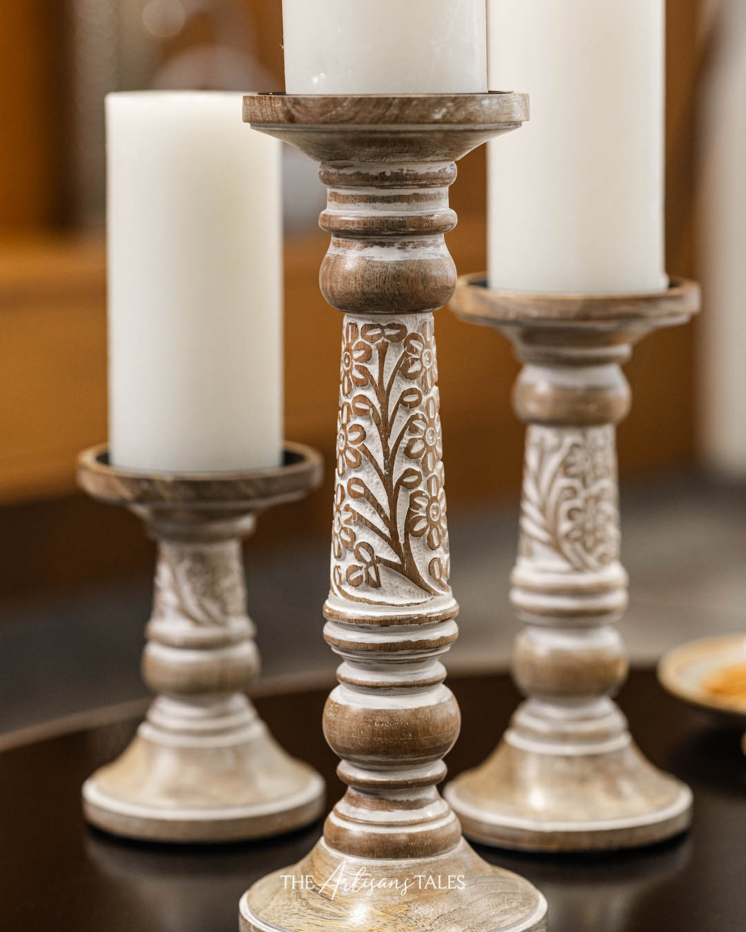 white carved wooden candle stand set