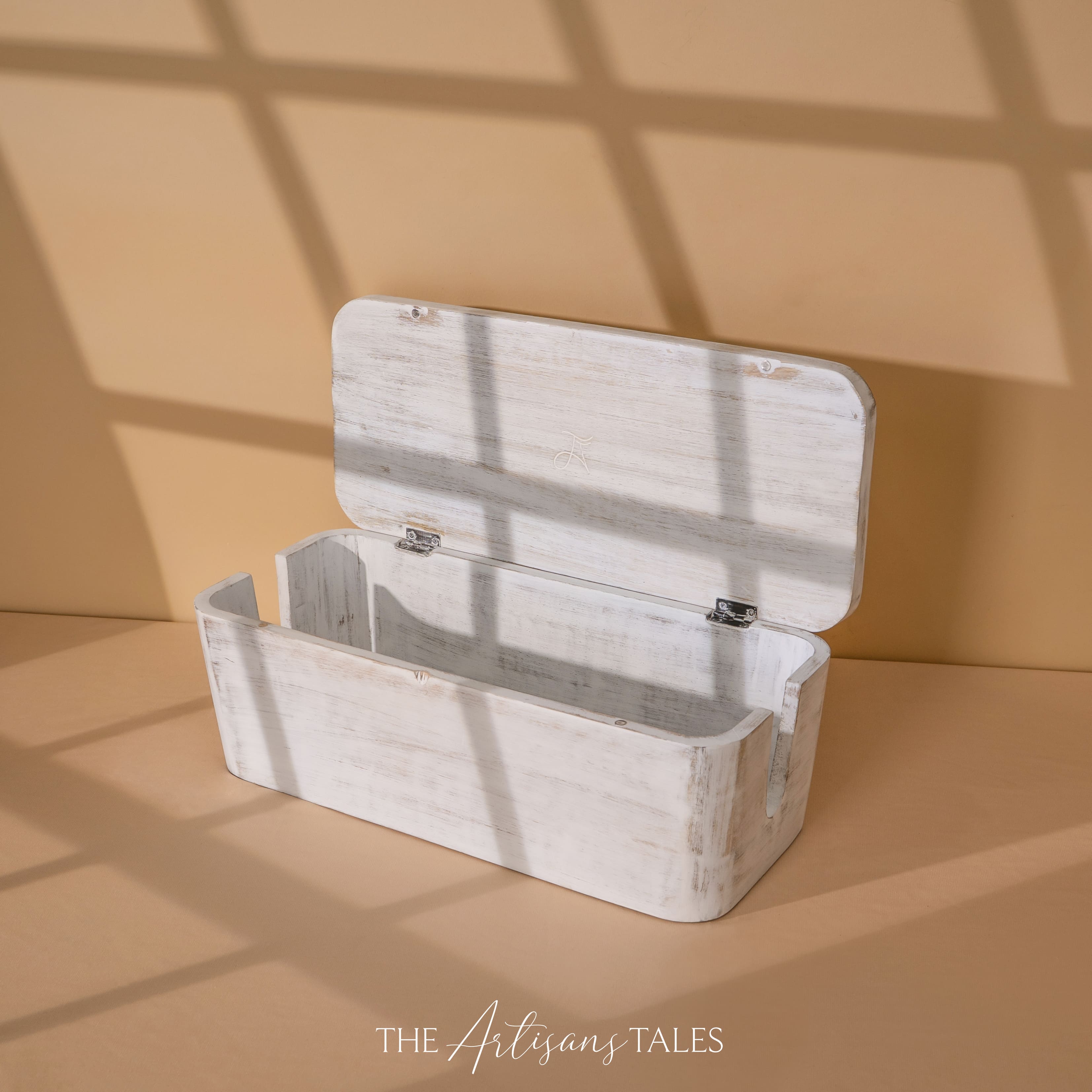 Open white handcrafted wooden storage box