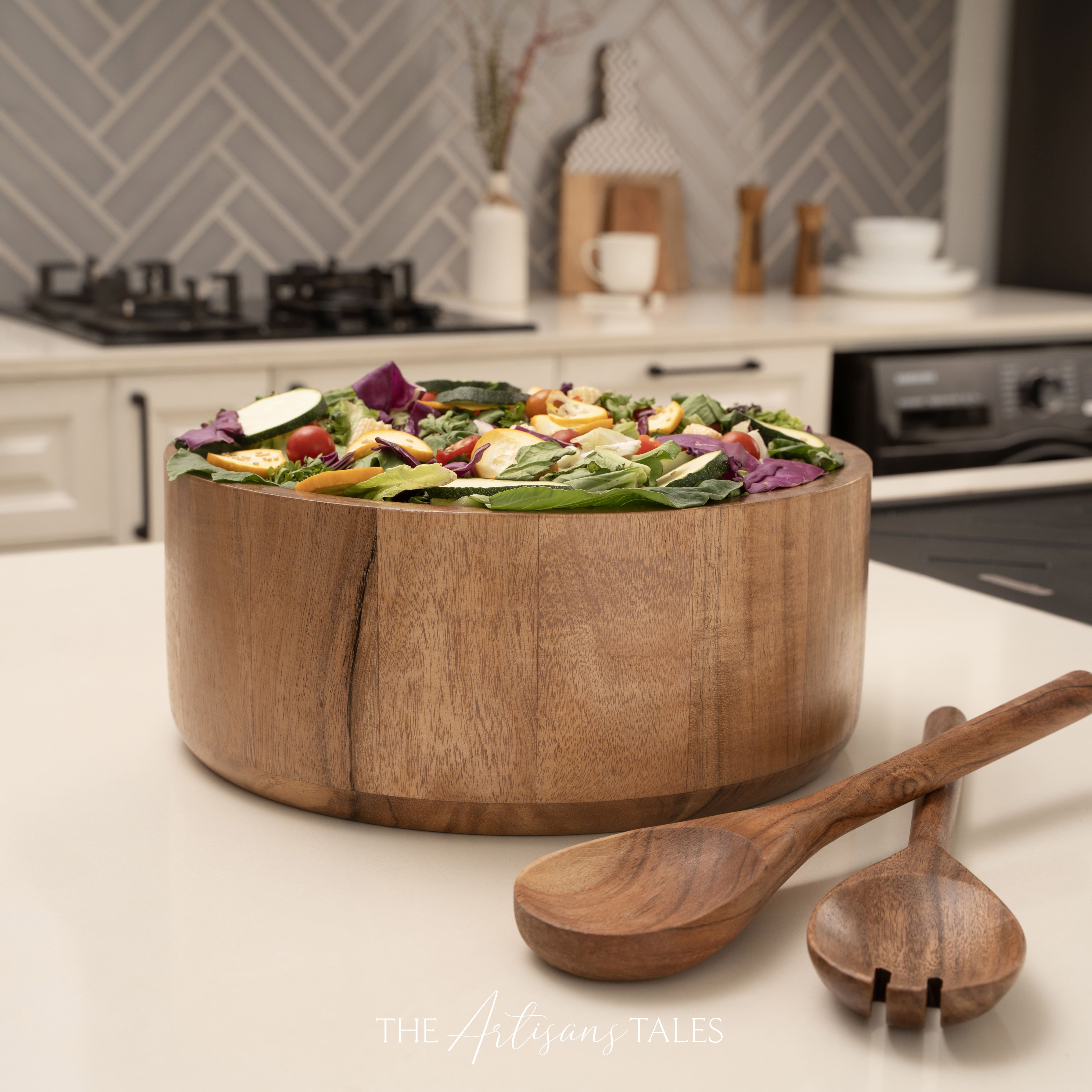 wooden salad bowl with sapoons