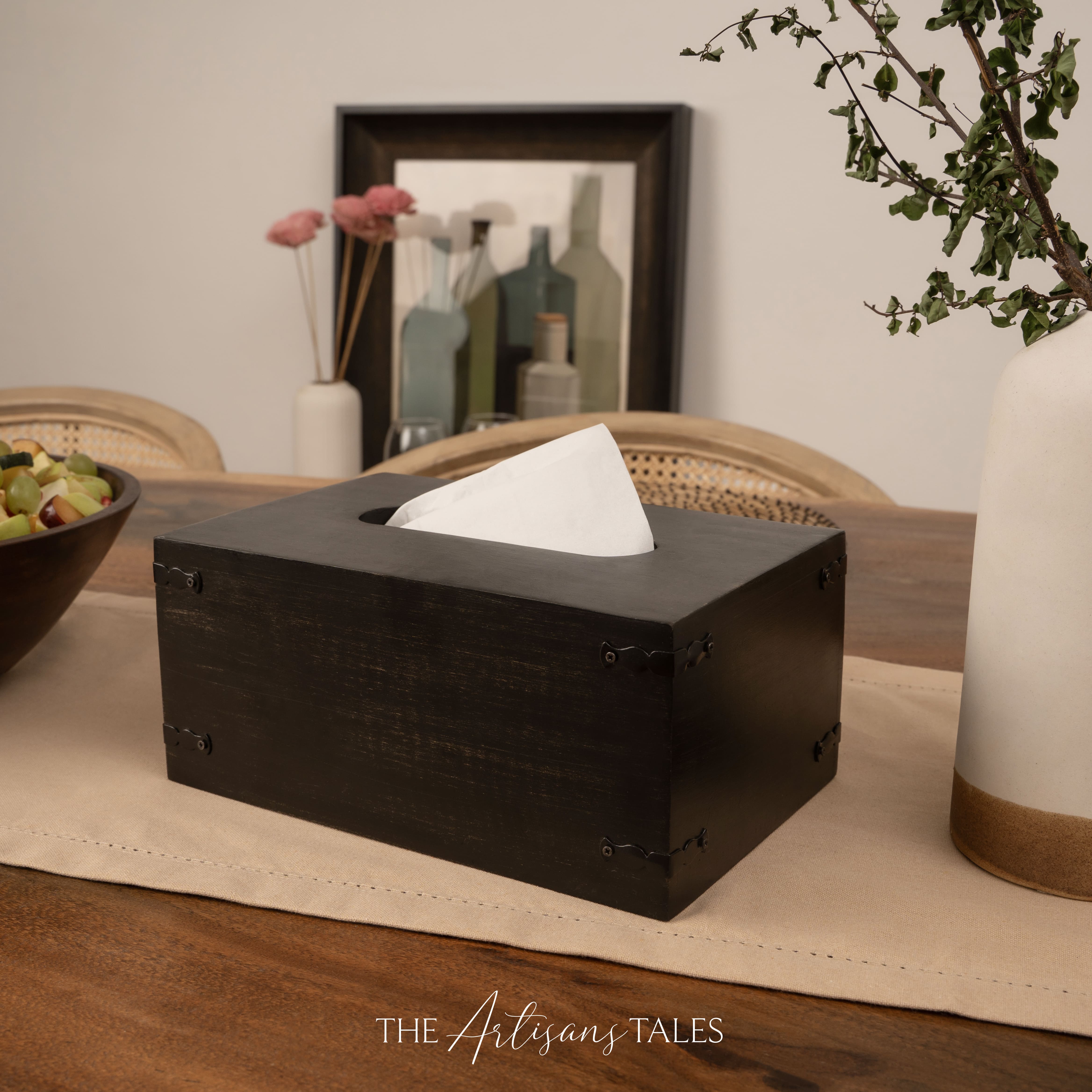 handcrafted black wood tissue box