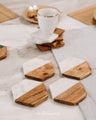 White Marble & Wood Coaster (Set of 4) - Hexagon