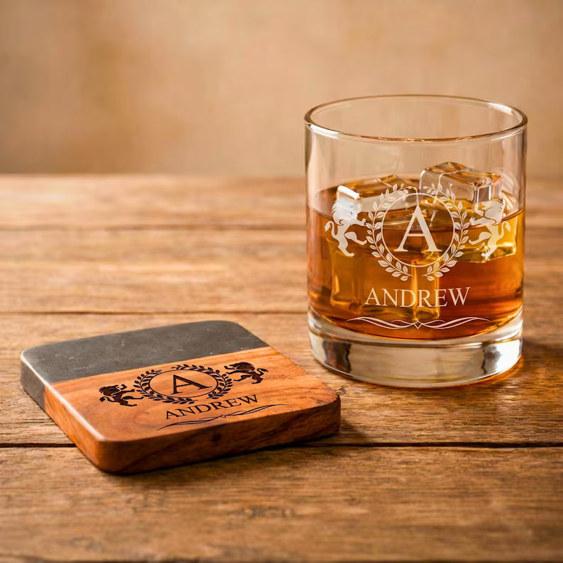 Personalized Whiskey Glass & Black Coaster Set: Engraved 10oz Rock Glass, Fathers Day Gift