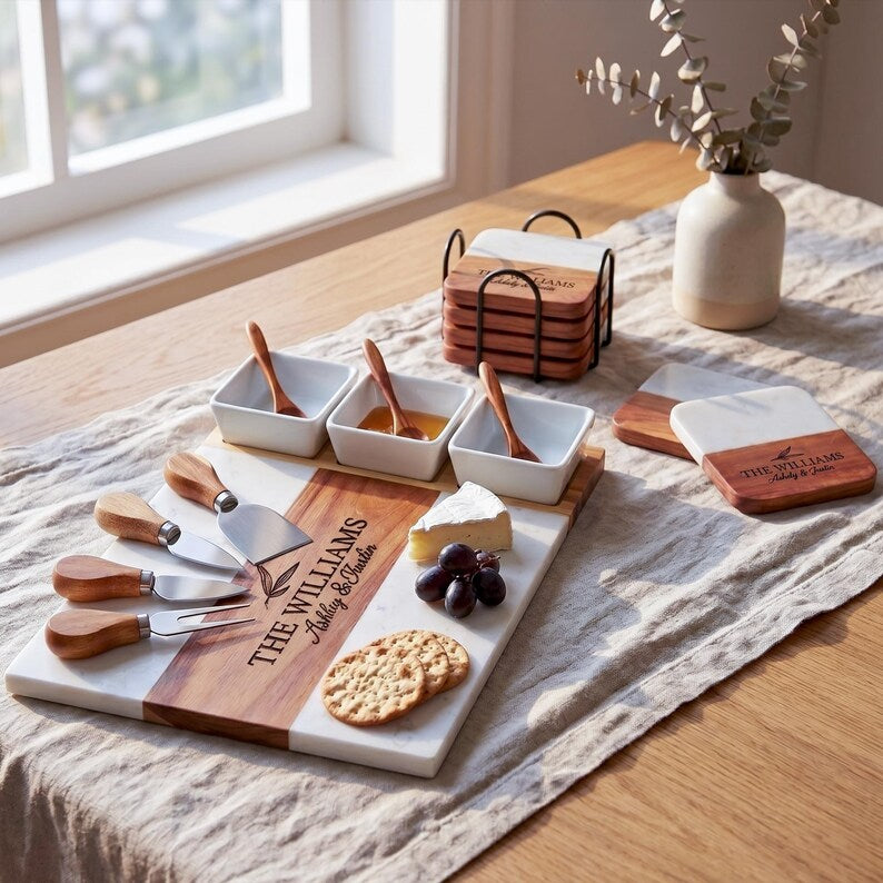 Personalized Marble and Wood Charcuterie Board Set with Cheese Knives and Optional Coasters, Engraved Names and Date Wedding Gift