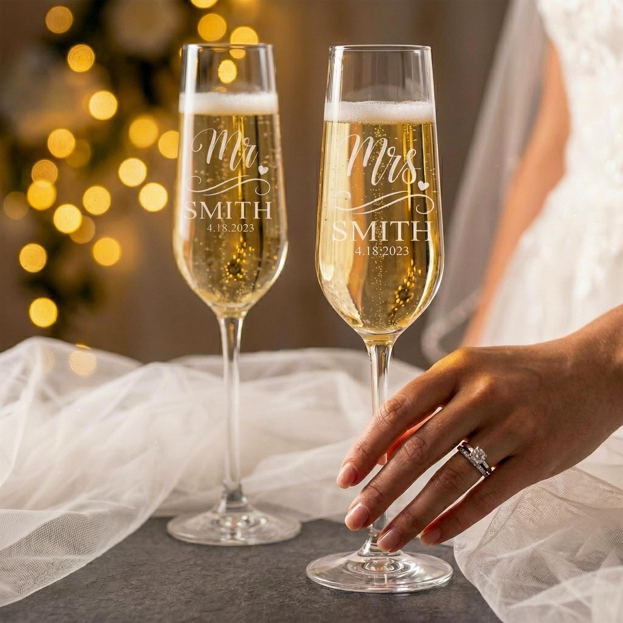 Personalized Champagne Flutes Set of 2: Bride & Groom Wedding Glasses, Engagement Gift