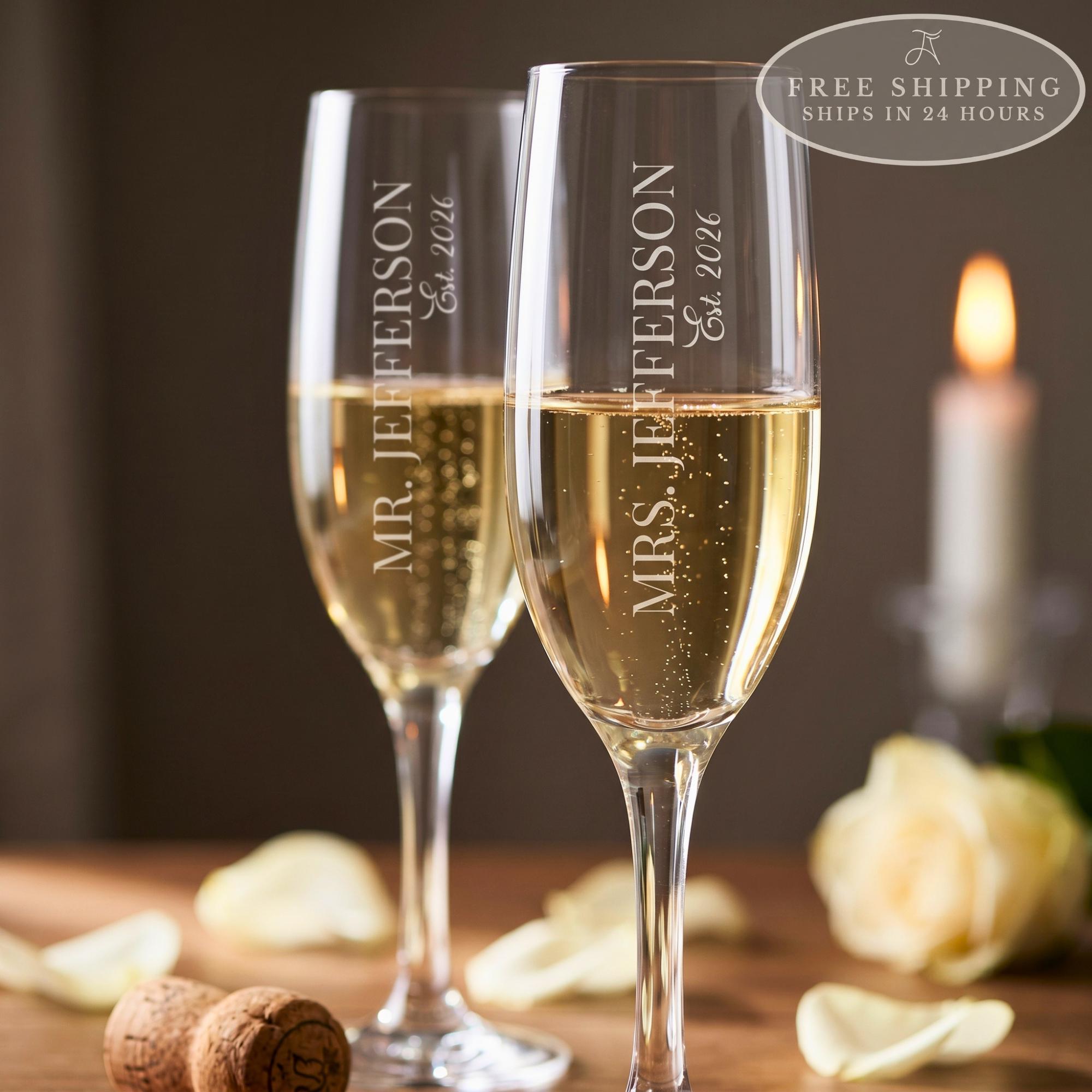 Personalized Champagne Flutes Set of 2: Bride & Groom Wedding Glasses, Engagement Gift