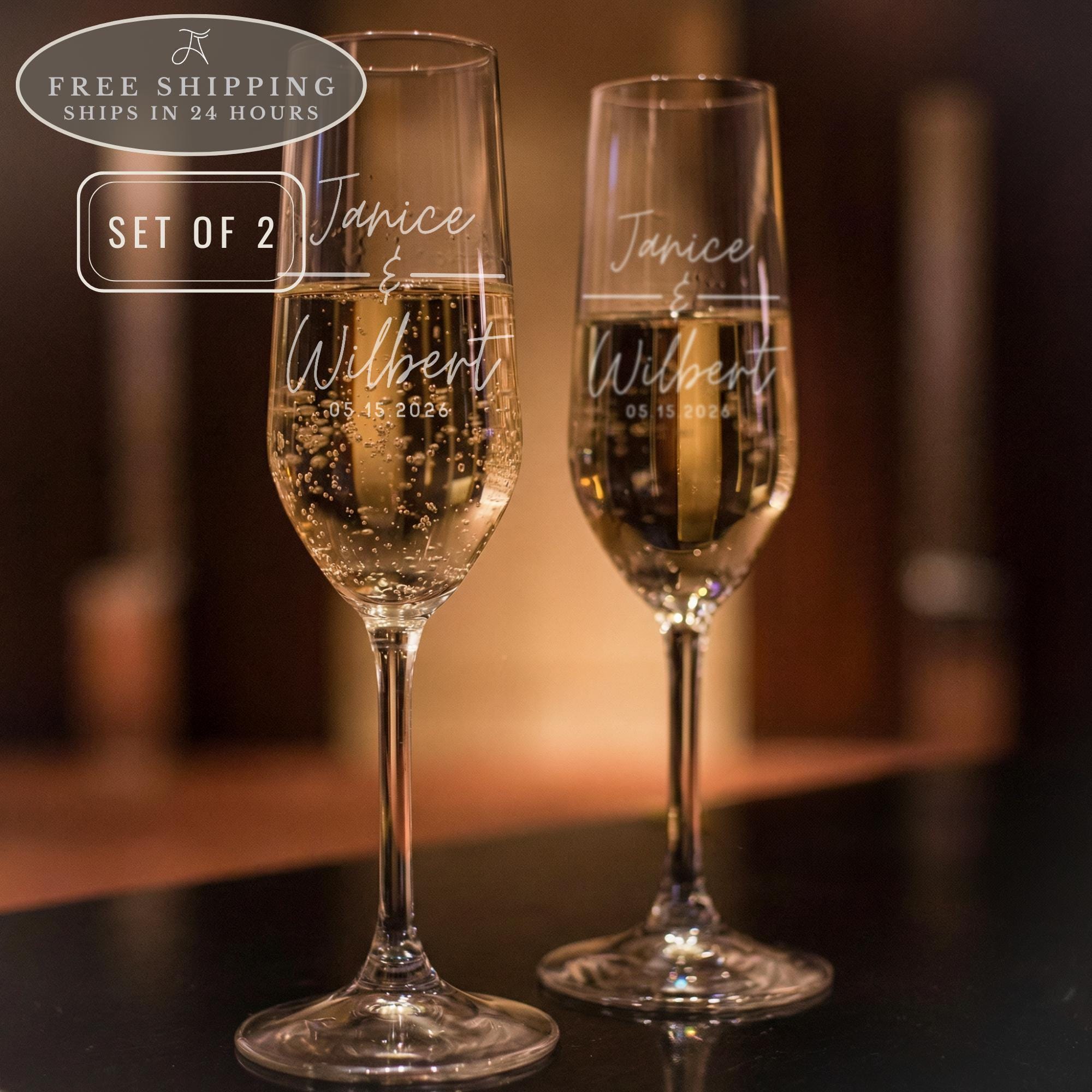 Personalized Champagne Flutes Set of 2: Bride & Groom Wedding Glasses, Engagement Gift
