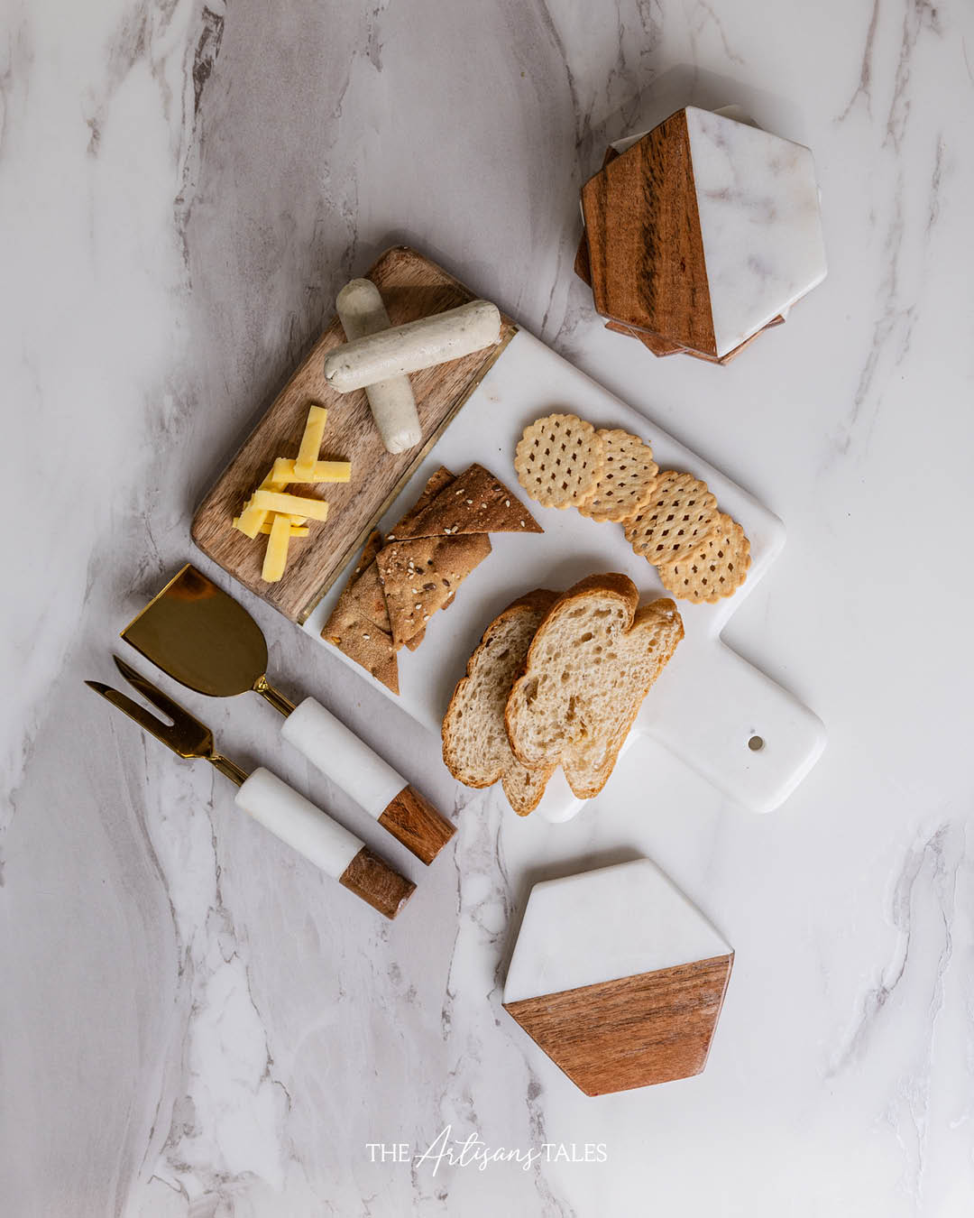 marble wood cheese board with snacks