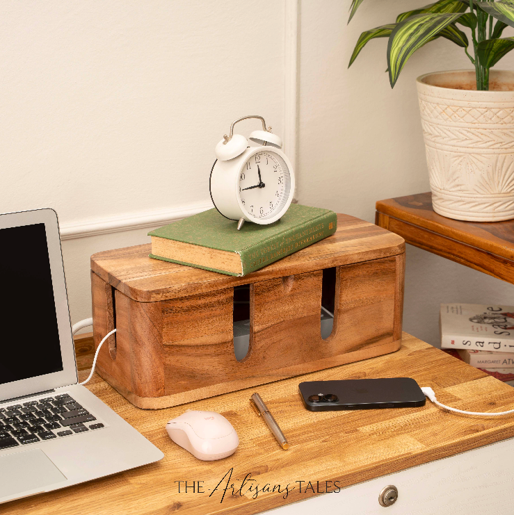Wood Cable Organizer Box - Handcrafted Acacia Wood