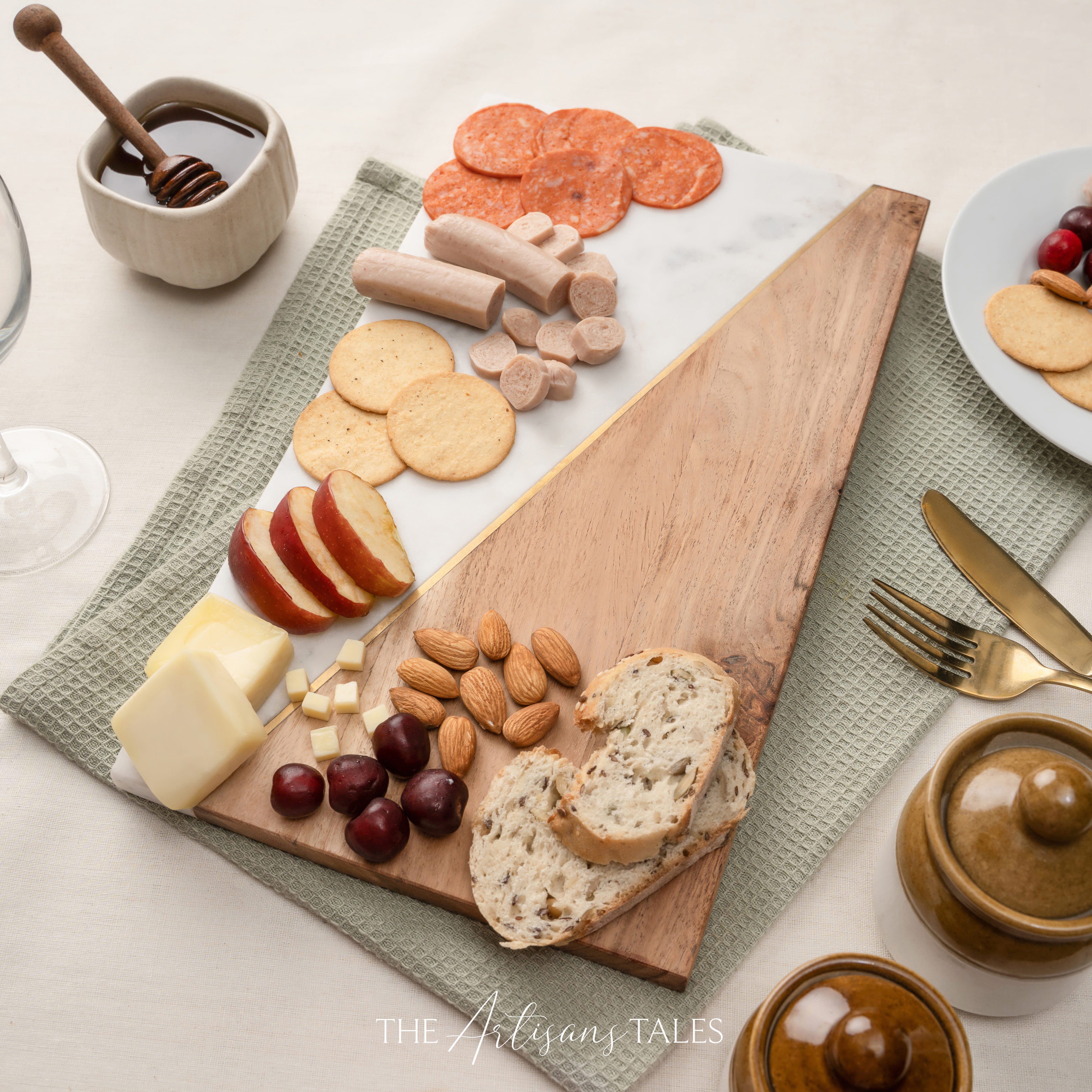 Wooden cutting board with assorted food items